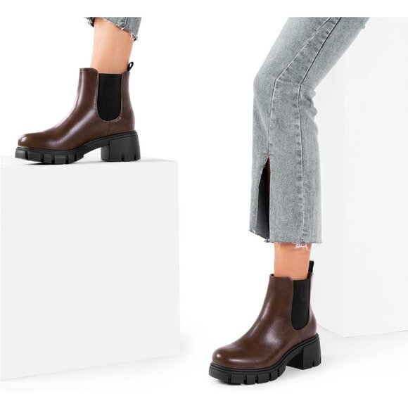 Dream Pairs Womens Brown Polyurethane (PU) Slip On Chunky Platform Ankle Boots - Picture 5 of 8